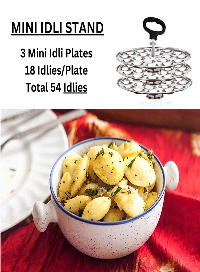 AadiVeer Stainless Steel Mini Idli Maker | Mini Idli Stand | Small Idli Maker With Rod and Lifter (3 Plates - 54 Idlies) Fits in all Idli cooker - Image 2